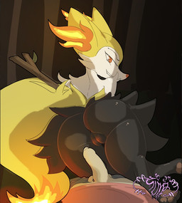 anthro arm_tuft big_butt big_tail black_body black_fur butt digitigrade dipstick_tail duo eyelashes feet female fur genitals imminent_sex inner_ear_fluff male markings nude orange_eyes orange_nose pawpads penis shoulder_tuft smile tail tail_markings tan_body tan_skin thick_thighs tuft vulva white_body white_fur wide_hips sunyote nintendo pokemon braixen generation_6_pokemon human mammal pokemon_(species)