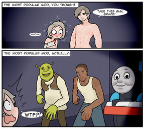 2_panel_comic 5_fingers abs areola arms_bent bald bandage bandaged_arm bandaged_chest bangs black_body black_eyebrows black_eyes blood blue_bottomwear blue_clothing blue_pants blush blushing_profusely bodily_fluids border bottomwear breasts brown_body brown_bottomwear brown_clothing brown_hair brown_lips brown_pants brown_skin brown_topwear brown_vest cleavage clothed clothed_human clothed_humanoid clothed_male clothing dialogue ear_piercing eyebrows female fingers fully_clothed fully_clothed_human fully_clothed_humanoid fully_clothed_male green_body green_lips green_skin grey_eyes grey_face grey_hair grey_wall group hair heart_symbol hearts_around_head humor lips looking_at_another machine male male_human male_humanoid mature_human mature_male muscular muscular_human muscular_male name_drop name_in_dialogue not_furry pants piercing pockets shirt short_hair smile smiling_at_another speech_bubble tan_areola tan_body tan_skin tank_top teeth text text_box toothy_grin topwear train tunic vehicle vest wall_(structure) white_border white_clothing white_shirt white_tank_top white_topwear white_tunic yelling yelling_at_another kotamotaa capcom dreamworks grand_theft_auto grand_theft_auto:_san_andreas mattel resident_evil resident_evil_requiem rockstar_games shrek_(series) thomas_and_friends carl_johnson grace_ashcroft leon_kennedy shrek_(character) thomas_the_tank_engine human humanoid living_machine living_train living_vehicle mammal ogre colored comic crossover digital_drawing_(artwork) digital_media_(artwork) english_text hi_res shaded