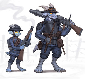 anthro armor belt blue_body clothing digitigrade duo eyebrows eyelashes feet gun headgear helmet horn larger_male lewis_gun machine_gun male military military_uniform ranged_weapon scar shoulder_guards size_difference soldier uniform warrior weapon goobone mythology dragon kobold mythological_creature mythological_scalie scalie wingless_dragon 2026 hi_res