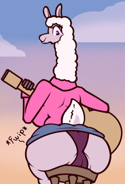 acoustic_guitar anthro back_boob big_breasts big_butt bottomwear breasts butt camel_toe clothing female fur furniture guitar long_neck looking_back musical_instrument panties plucked_string_instrument purple_eyes sitting skirt solo stool string_instrument sweater topwear underwear wardrobe_malfunction white_body white_fur wide_hips ikakins alpaca camelid mammal absurd_res hi_res