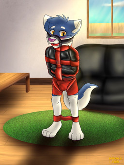 ankle_cuffs anthro ball_gag bdsm blush bondage bound boxers_(clothing) clothing cuff_(restraint) gag latex latex_straitjacket leg_cuffs male muzzle_(object) muzzle_gag muzzled restraints solo straitjacket straps underwear drakethefox canid canine canis mammal wolf 3:4 hi_res