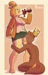 3_toes alcohol barefoot beverage birthday clothed clothing crown drinking duo feet female headgear male male/female sniffing toes underwear upskirt renabu animal_crossing nintendo copper_(renabu) isabelle_(animal_crossing) canid canine canis domestic_dog mammal hi_res