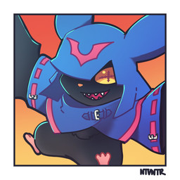 anthro belt black_body black_fur cloak clothing cowl fur male pupils sharp_teeth smile solo teeth unusual_pupils wings yellow_eyes notaventura bandai_namco digimon digimon_beatbreak chiropmon digimon_(species) 1:1 hi_res