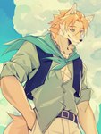 belt black_belt black_nose blonde_hair blue_clothing blue_shirt blue_sky blue_topwear blue_vest bottomwear brown_body brown_fur clothing cloud countershading detailed_background facial_scar fur hair hand_in_pocket kemono male multicolored_body multicolored_fur outside pants pink_scar pockets scar shirt sky smile snout snout_scar solo tan_body tan_fur teal_eyes topwear two_tone_body two_tone_fur vest white_bottomwear white_clothing white_pants fszer0 mythology canid canine canis mammal wolf 2024 3:4 hi_res portrait three-quarter_portrait