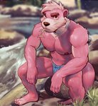 anthro barbell_piercing blue_clothing blue_thong blue_underwear bone claws clothed clothing ear_piercing ear_ring eating fishbone fur grass hair looking_at_viewer male musclegut muscular muscular_anthro muscular_male nipple_barbell nipple_piercing nipples on_rock pecs piercing pink_body pink_fur pink_hair plant red_eyes ring_piercing river riverside rock sitting sitting_on_rock solo speedo swimwear thong thong_only toe_claws topless underwear underwear_only water wet wet_body wet_fur whiskers episode0006 mammal mustelid otter 2021 absurd_res hi_res