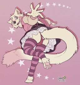 anthro anus bulge butt clothed clothing crossdressing crossdressing_male dress femboy jacket legwear letterman_jacket male panties pattern_clothing pattern_legwear pattern_stockings pawpads paws presenting presenting_anus presenting_hindquarters solo stockings striped_clothing striped_legwear striped_stockings stripes tail thong topwear underwear upskirt conditional_dnp draite gulonine mammal marten mustelid musteline pine_marten hi_res