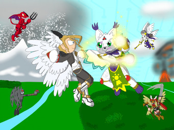 abs angry anthro athletic bared_teeth bat_wings crest_of_courage crest_of_hope digimon_crest feathered_wings feathers female fight flying group male melee_weapon membrane_(anatomy) membranous_wings mountain multi_wing notched_wings sharp_teeth sword symbol teeth vein volcano weapon wings zero_unit monterrioashmore bandai_namco digimon fakemon michaelamon angemon boogiemon d'arcmon devimon digimon_(species) lucemon_chaos_mode hi_res