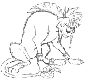 cuff_links dreadlocks ear_piercing ear_ring feral male mohawk one_eye_closed piercing ring_piercing simple_background solo teeth_showing white_background thegreatmatsutzu final_fantasy final_fantasy_vii square_enix red_xiii felid feline mammal black_and_white monochrome sketch