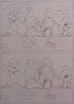 ambiguous_gender anthro butt_bump clothed clothing diaper diaper_use duo feces fur hair kneeling pooping side_view smile soiled_diaper soiling soiling_diaper text unclean_diaper used_diaper wearing_diaper anonymous_artist mythology domestic_cat dragon felid feline felis mammal mythological_creature mythological_scalie scalie comic english_text hi_res traditional_media_(artwork)