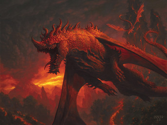 ambiguous_gender claws cloud duo feral flying forest horn lava membrane_(anatomy) membranous_wings open_mouth outside plant red_body red_scales scales smoke solo_focus tail tree volcano wings chris_rahn hasbro magic:_the_gathering mythology wizards_of_the_coast dragon mythological_creature mythological_scalie scalie 2023 hi_res official_art traditional_media_(artwork)