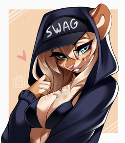 anthro baseball_cap biped blonde_hair border bra breasts chest_tuft cleavage clothed clothing countershade_face countershade_fur countershade_torso countershading eyebrows eyelashes female female_anthro fur green_eyes hair hat headgear headwear heart_symbol hoodie pink_nose simple_background smile solo tan_body tan_fur text text_on_clothing text_on_hat text_on_headwear topwear tuft underwear white_border mayrin_(artist) kida_(teranen) felid mammal 2023 absurd_res artist_name dated digital_media_(artwork) hi_res shaded