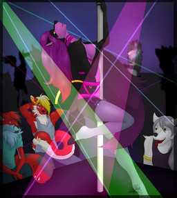 anthro bar clothing dancing female group inside legwear lingerie male nightclub pole pole_dancing seductive stockings strip_club tail tail_mouth unusual_anatomy unusual_tail wolfpsalm canid canine canis fox mammal wolf 2015 absurd_res digital_media_(artwork) hi_res