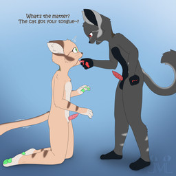 animal_genitalia animal_penis anthro athletic belly black_belly breasts dialogue duo featureless_breasts feline_genitalia feline_penis fur genitals green_eyes green_pawpads grey_body grey_fur herm humanoid_genitalia humanoid_vulva intersex intersex/male male male_focus maleherm pawpads penile_spines penis plantigrade red_eyes red_pawpads sackless sheath slim tan_body tan_fur tongue tongue_grab tongue_out vulva white_belly jm-luxro shugunou domestic_cat felid feline felis mammal 1:1 absurd_res hi_res cousins_(lore) incest_(lore)