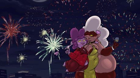 anthro belly big_breasts big_butt breasts butt clothing dress female fireworks male overweight shortstack shortstack_male thick_thighs tight_clothing demon imp lagomorph mammal hi_res