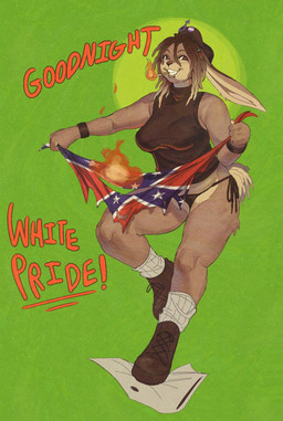 anthro bare_shoulders bent_leg beret big_breasts black_bracelet black_clothing black_coded black_shirt black_thong black_topwear black_underwear bracelet breasts brown_body brown_eyes brown_fur brown_hair burning_object cigarette cigarette_in_mouth clothing confederate_flag confederate_states_of_america cotton_tail countershade_face countershading dimple dreadlock_cuffs dreadlocks dreadlocks_tail facial_piercing female fire fist flag flag_(object) flag_burning footwear fur gender_symbol gradient_hair green_background hair halter_top hat headgear headwear humanoid_hands jewelry ku_klux_klan lgbt_pride lip_piercing lip_ring male_symbol object_in_mouth on_one_leg orange_text pan-african_flag piercing politics pride_colors pride_pin rabbit_ears ring_piercing shirt shoelaces shoes simple_background sleeveless_shirt slightly_chubby slightly_chubby_anthro slightly_chubby_female smile socks solo standing standing_on_object symbol teeth text thong topwear torn_flag transgender_pride_colors underwear white_clothing white_footwear white_socks wolfertinger truesona_(wolfertinger) lagomorph leporid mammal rabbit 2026 english_text hi_res shaded soft_shading trans_(lore) trans_man_(lore)