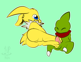 3_toes anthro anthro_on_anthro balls butt clothing duo erection feet female female_anthro foot_fetish foot_play footjob fur genitals green_background male male/female male_anthro paws penile penis sex simple_background soles toes two-footed_footjob vulva yellow_body yellow_fur thefablednekos nintendo pokemon jay_(thefablednekos) eeveelution generation_1_pokemon generation_2_pokemon jolteon larvitar pokemon_(species) 2017 dated digital_media_(artwork) hi_res signature smaller_version_at_source