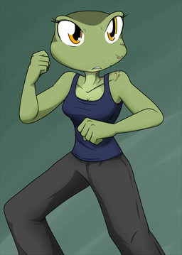anthro bodily_fluids breasts cleavage clothed clothing eyelashes female fingers green_body green_skin multicolored_body multicolored_skin scar shirt simple_background solo standing sweat tank_top teeth topwear yellow_eyes sandwich-anomaly amelia_(sandwich-anomaly) amphibian frog 2015 digital_media_(artwork)