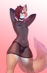 anthro black_clothing black_collar black_dress black_panties black_underwear blue_eyes brown_nose bulge clothed clothing collar crossdressing depth_of_field dress femboy fishnet_clothing fishnet_dress fluffy fluffy_tail fur gradient_background hair hair_over_eye half-closed_eyes hands_behind_head heart_pasties inner_ear_fluff looking_at_viewer looking_down low-angle_view male markings mole_(marking) narrowed_eyes one_eye_obstructed panties pasties pink_background pink_inner_ear pupils red_hair simple_background smile solo tail tan_body tan_fur thick_thighs translucent translucent_clothing translucent_dress tuft underwear white_body white_fur wide_hips tabiihana canid canine canis domestic_dog mammal 2023 digital_media_(artwork) hi_res