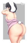 big_butt black_hair blush breasts butt butt_focus clothed clothing dress female floppy_ears glistening glistening_body glistening_butt glistening_skin grey_background hair licking licking_lips licking_own_lips looking_at_viewer looking_back monotone_hair no_underwear partially_clothed pink_clothing pink_dress presenting presenting_hindquarters purple_eyes raised_clothing raised_dress rear_view seductive self_lick short_hair short_tail side_boob simple_background small_breasts solo standing tail thick_thighs three-quarter_view tongue tongue_out wide_hips markhowl touhou tewi_inaba animal_humanoid humanoid lagomorph lagomorph_humanoid leporid_humanoid mammal mammal_humanoid rabbit_humanoid hi_res portrait three-quarter_portrait