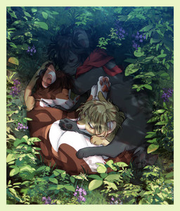 ambiguous_gender black_body black_fur black_hair black_pawpads blonde_hair border brown_body brown_fur brown_hair brown_markings cuddle_pile cuddling feral feral_with_hair feralized flower fluffy fur grass green_border group hair markings pawpads pink_pawpads plant red_scarf scarf sleeping trio white_body white_fur yellow_body yellow_fur silveyytm attack_on_titan armin_arlert eren_jaeger mikasa_ackerman abyssinian_cat bobtail_cat domestic_cat felid feline felis japanese_bobtail maine_coon mammal turkish_angora 2023 female_(lore) male_(lore)
