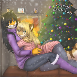 anthro black_hair blonde_hair christmas_decorations christmas_lights christmas_tree cuddling duo female female/female green_eyes hair happy heterochromia holidays inside long_hair looking_at_viewer plant smile string_lights tree ajna christmas felid mammal pantherine tiger 1:1