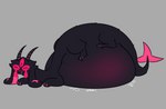 3_eyes 6_legs belly big_belly black_body black_fur bodily_fluids bodily_noises drooling female floppy_ears fur glowing glowing_eyes hair horn huge_belly hyper hyper_belly inflation lying multi_eye on_front onomatopoeia red_body red_eyes red_fur resting_on_belly rumbling_stomach saliva short_hair solo sound_effects tears text unusual_anatomy foamytail bovid caprine demon goat mammal taur hi_res