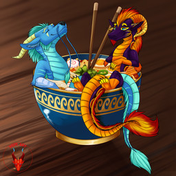 anthro barbel_(anatomy) chopsticks claws duo egg flesh_whiskers food horn smile soup tail tail_tuft tuft reddragon mythology dragon eastern_dragon mythological_creature mythological_scalie scalie 1:1 2025 hi_res