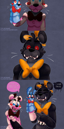 blue_eyes bow_(feature) bow_tie clothing group hat headgear headwear machine puppet red_eyes toy-bonnie five_nights_at_freddy's five_nights_at_freddy's_4 scottgames sister_location funtime_freddy_(fnafsl) nightmare_(fnaf) puppet_bonnie_(fnafsl) animatronic bear lagomorph leporid mammal rabbit robot 2019 absurd_res comic digital_media_(artwork) hi_res