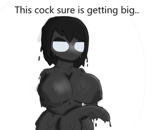 balls black_body black_hair blue_eyes breasts genitals glowing glowing_eyes gynomorph hair holding_breast holding_penis intersex melting nipples penis solo_focus text nadeldrawings goo_creature 5:4 english_text hi_res