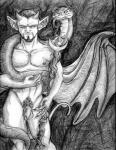 cross duo ear_piercing feral humanoid_pointy_ears inverted_cross long_ears looking_at_viewer male muscular muscular_male piercing pointy_ears pubes wings unknown_artist dragon_ball dragon_ball_z dabura demon humanoid reptile scalie snake monochrome