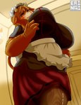 anthro big_breasts blush breasts clothed clothing female fur hair horn huge_breasts low-angle_view solo eringi bovid bovine mammal hi_res