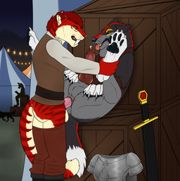anal anal_penetration animal_genitalia animal_penis anthro anthro_on_feral anthro_penetrating anthro_penetrating_feral armor balls bestiality big_fangs black_boots black_clothing black_footwear blue_eyes bodily_fluids boots bottomwear bottomwear_down brown_bottomwear brown_clothing brown_pants brown_topwear canine_genitalia canine_penis clothed clothed_feral clothing duo erection fangs feral feral_penetrated footwear fur genital_fluids genitals green_eyes grey_balls grey_body grey_fur hair interspecies knot knotted_penis looking_pleasured lying male male/male male_on_feral male_penetrated male_penetrating male_penetrating_male markings melee_weapon narrowed_eyes on_back open_mouth pants pants_down partially_clothed penetration penile penile_penetration penis penis_in_ass pink_penis precum quadruped red_body red_fur red_hair red_penis red_tongue sex shoes spread_legs spreading standing standing_sex striped_markings striped_neck striped_tail stripes sword table_lotus_position tail tail_markings teeth tongue tongue_out topwear weapon white_clothing white_topwear yellow_balls yellow_body yellow_fur killthe_demon angel_(velvetvlade) kage_(faolanwolfsavor) canid canine felid mammal hi_res