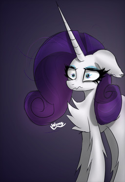 abstract_background blue_eyes blue_eyeshadow confusion curly_hair ears_down eye_bags eyebrows eyelashes eyeshadow female feral fluffy fluffy_chest fur gradient_background hair horn long_horn makeup mane messy_hair pivoted_ears purple_background purple_hair purple_mane scared scared_eyes simple_background solo text thick_eyelashes tuft white_body white_fur worny friendship_is_magic hasbro my_little_pony mythology rarity_(mlp) equid equine horse mammal mythological_creature mythological_equine pony 2026 digital_drawing_(artwork) digital_media_(artwork) english_text hi_res signature