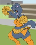 anthro blue_body blue_fur cheerleader cheerleader_outfit cheerleading_pose clothing female footwear fur outside panties panty_shot pose smile socks solo underwear yellow_eyes clarabellecrow night_in_the_woods mae_borowski domestic_cat felid feline felis mammal absurd_res hi_res