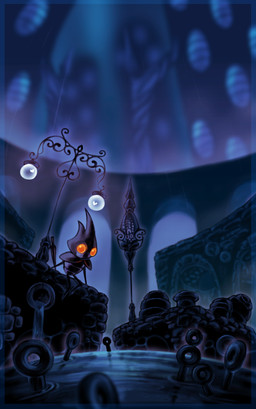 ambiguous_gender anthro building detailed_background infected melee_weapon orange_eyes outside sitting solo street_lamp water weapon geowaffle hollow_knight_(franchise) team_cherry arthropod 2021 hi_res