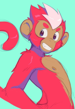 anthro blue_eyes fur grin hand_on_hip male nipples nude red_body red_fur simple_background smile solo dandi haplorhine mammal monkey primate