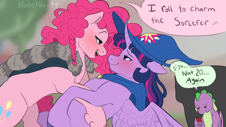 blush clothing curly_hair d20 dice duo female female/female feral hair hat headgear headwear horn text wings wizard_hat violetpony11 dungeons_and_dragons friendship_is_magic hasbro my_little_pony mythology wizards_of_the_coast pinkie_pie_(mlp) spike_(mlp) twilight_sparkle_(mlp) dragon earth_pony equid equine horse mammal mythological_creature mythological_equine mythological_scalie pony scalie winged_unicorn 16:9 english_text hi_res widescreen