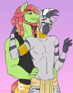anthro anthrofied beard braided_beard clothed clothing crossgender cutie_mark dreadlocks duo facial_hair ftm_crossgender gold_(metal) hair male neck_ring stripes topless hasana-chan friendship_is_magic hasbro my_little_pony tree_hugger_(mlp) zecora_(mlp) earth_pony equid equine horse mammal pony zebra 2016 hi_res