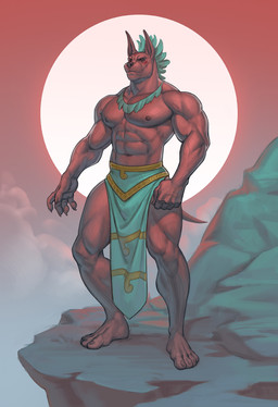 abs anthro brown_body clothed clothing front_view headgear headwear male male_anthro mouth_closed muscular muscular_anthro muscular_male nipples outside pecs red_eyes rock solo standing topless edvardiko canid canine canis domestic_dog mammal absurd_res hi_res