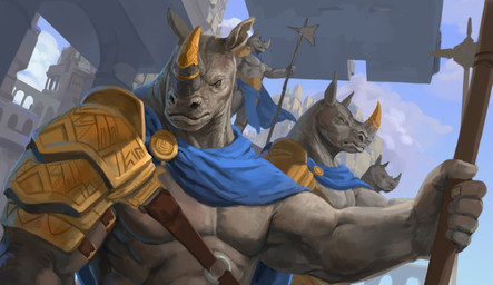 armor blue_sky cape clothing cloud halberd horn male melee_weapon muscular muscular_male pauldron pecs polearm sky standing weapon neungsonie mammal rhinoceros absurd_res hi_res