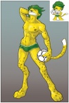 anthro ball biped bulge clothed clothing eyes_closed green_eyes green_hair hair holding_ball holding_object male mascot muscular muscular_anthro muscular_male nipples pose short_hair soccer soccer_ball solo south_africa sport standing tail topless underwear world_cup unknown_artist fifa zakumi felid leopard mammal pantherine 2010 source_request