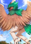 anthro avian_feet beak blush bodily_fluids butt cloud feathered_wings feathers feet female flying genitals looking_at_viewer looking_back looking_back_at_viewer loose_feather outside pussy sky solo spread_wings sweat sweatdrop tail tail_feathers talons toes wings evomanaphy nintendo pokemon avian decidueye generation_7_pokemon pokemon_(species) 2021 absurd_res digital_media_(artwork) hi_res signature