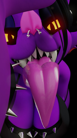 anthro big_breasts big_tongue bodily_fluids bra bracelet breasts cleavage clothed clothing facial_piercing female jewelry mouth_shot nose_piercing open_mouth piercing purple_body saliva solo spiked_bra spiked_bracelet spikes teeth tongue tongue_out underwear yellow_eyes peppermintypony vonvivianov_(modeler) von_bat_(vonvivianov) bat mammal 3d_(artwork) 4k 9:16 absurd_res digital_media_(artwork) hi_res