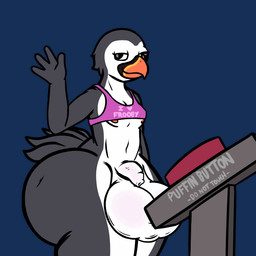 anthro balls big_balls big_butt black_body blinking bottomless butt clothed clothing derp_eyes feathers flaccid genitals huge_balls huge_butt hyper hyper_balls hyper_butt hyper_genitalia ill_fitting_clothing male nipples penis pushbutton pushing_button raised_clothing raised_topwear shirt skimpy smile solo tail tail_feathers tank_top text topwear topwear_only white_body frooby alcid avian bird lari puffin 1:1 animated digital_media_(artwork) english_text hi_res