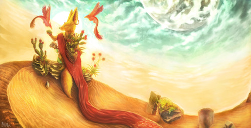 ambiguous_anthro ambiguous_feral ambiguous_gender anthro blue_sky cape clothing cloud day desert ear_piercing ear_ring eyes_closed feathers feral flying fur group mouth_closed outside piercing red_body red_cape red_clothing red_feathers ring_piercing sky standing tan_body tan_fur trio chumbasket avian canid canine fennec_fox fox mammal true_fox absurd_res hi_res signature