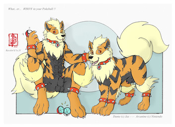 animal_genitalia anthro balls border bracelet collar duo ear_piercing ear_ring feral genitals jewelry looking_at_viewer male paws penis penis_tip piercing pokeball ring_piercing sheath sitting spiked_bracelet spiked_collar spikes standing_position tail text white_border fennec_(artist) nintendo pokemon team_rocket dante_(jax) arcanine generation_1_pokemon pokemon_(species) english_text