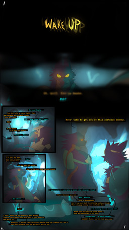 anthro backpack bandage cave dialogue drill duffel_bag duo eyewear glasses glowing glowing_eyes glowing_plants male profanity safety_glasses scarf untalentedscribbles casualties:_unknown unnamed_character expie_(gunsawian) gunsawian absurd_res comic hi_res shaded simple_shading