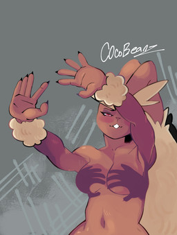 anthro arm_tuft blush breasts brown_body brown_fur female female_anthro fluffy fur long_ears looking_at_viewer pose raised_arms shadow simple_background smile smiling_at_viewer solo standing tan_body tan_fur tuft c0cobeanz nintendo pokemon generation_4_pokemon lagomorph lopunny mammal pokemon_(species) absurd_res hi_res