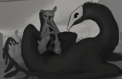 ambiguous_gender beak black_body black_penis black_sclera bodily_fluids diamond_pupils dripping duo feral genital_fluids genitals grey_body holding_penis hugging_penis long_penis looking_at_viewer looking_back looking_back_at_viewer low_contrast lying male male/ambiguous male/male monotone_body musk on_back on_top on_top_of one_ear_up outside penis precum precum_drip precum_on_face precum_on_own_penis pupils size_difference smaller_ambiguous smaller_male tapering_penis white_face white_pupils corvidtree rain_world videocult avian slugcat vulture_(rain_world) greyscale hi_res monochrome shaded soft_shading