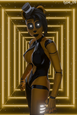 abs anthro black_clothing black_hair black_leotard black_lips breasts clothing crossgender cutout female glistening glistening_clothing glistening_leotard glowing glowing_eyes hair hat headgear headwear leotard lips looking_at_viewer machine medium_breasts mtf_crossgender nipple_outline short_hair smile smiling_at_viewer solo top_hat yellow_body type_09 disembowell_(modeler) psychojohn2_(modeler) five_nights_at_freddy's scottgames golden_freddy_(fnaf) animatronic bear mammal robot robot_anthro 2:3 3d_(artwork) digital_media_(artwork) hi_res watermark